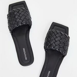 PrettyLittleThing Black Real Leather Square Toe Chunky Basket Weave Mule Sandals